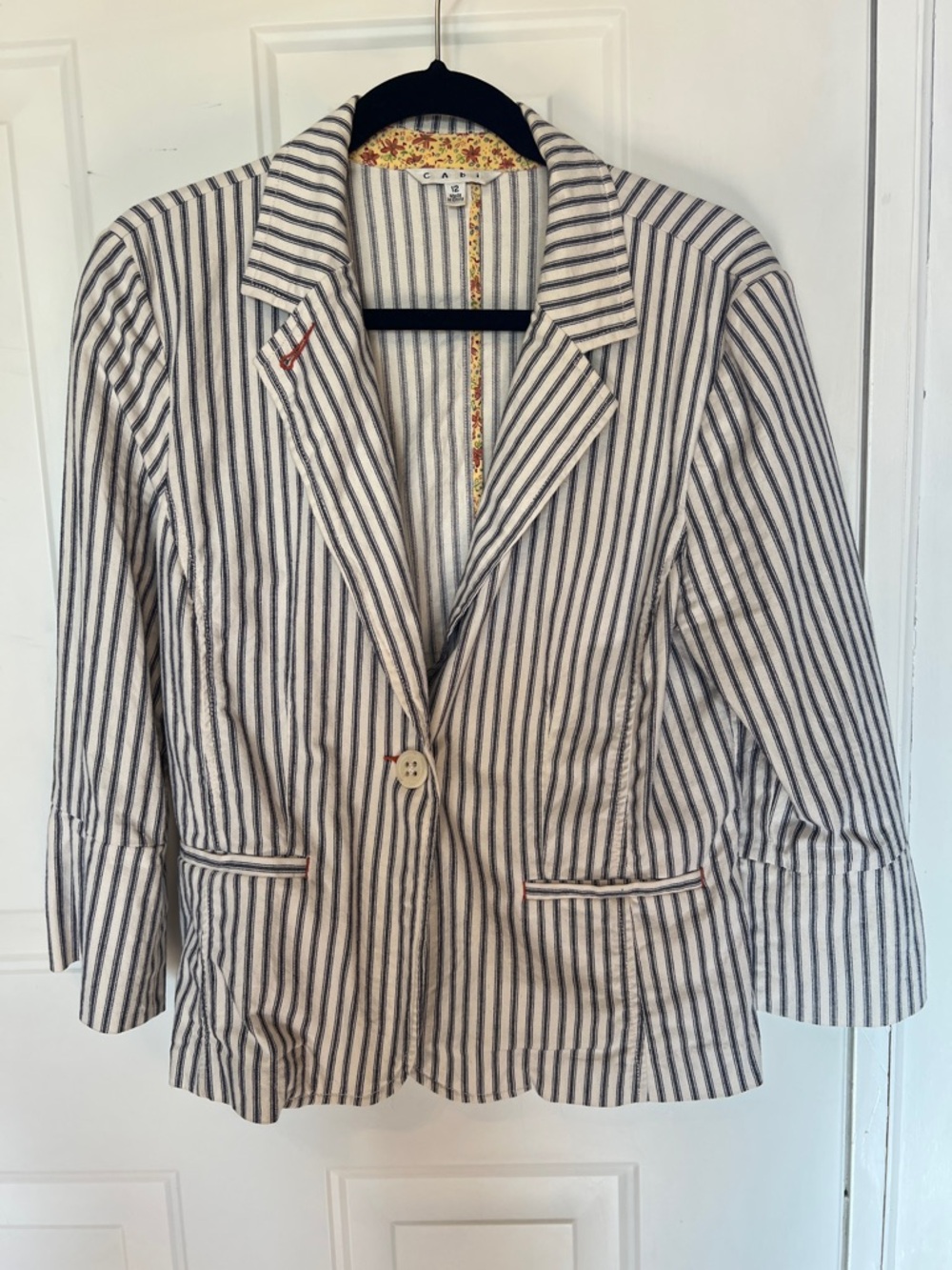 CAbi Striped White & Navy Cotton Blazer